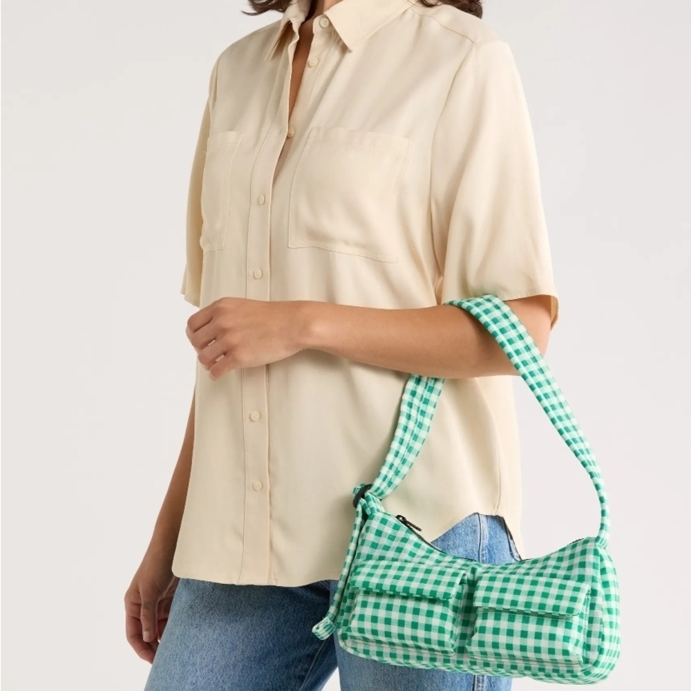 BAGGU Cargo Recycled Nylon Shoulder Bag Green Gingham - Picture 2 of 7